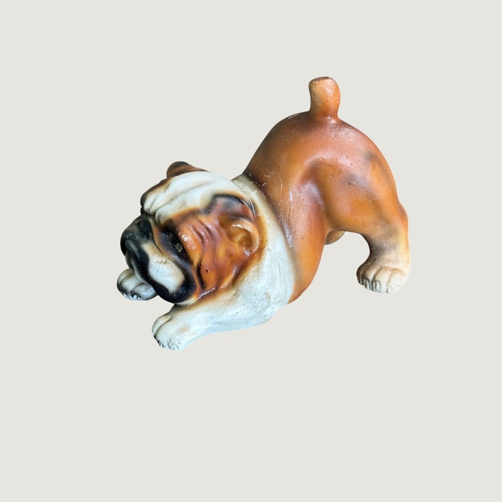 Vintage Ceramic Playful Bulldog Figurine Hand Painted Dog Statue Tan White